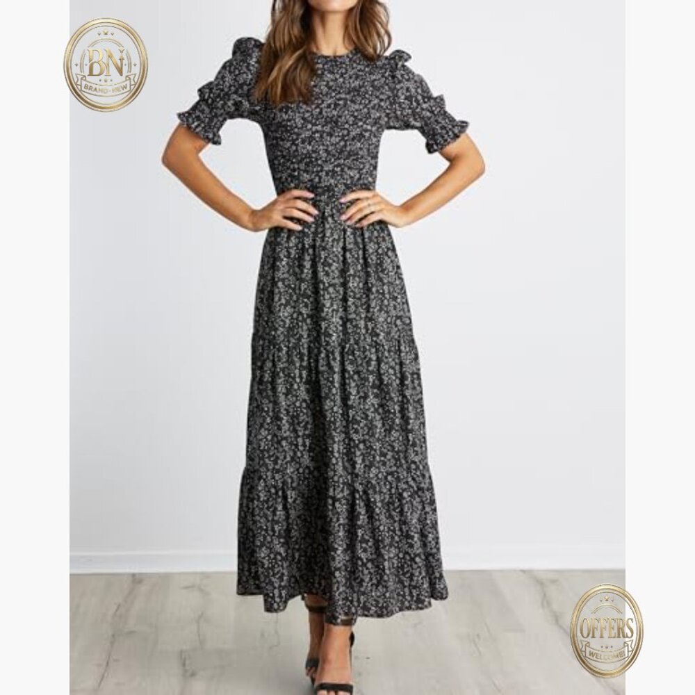 Polyester Elastane Maxi Dress Crew Neck Short Sle… - image 3